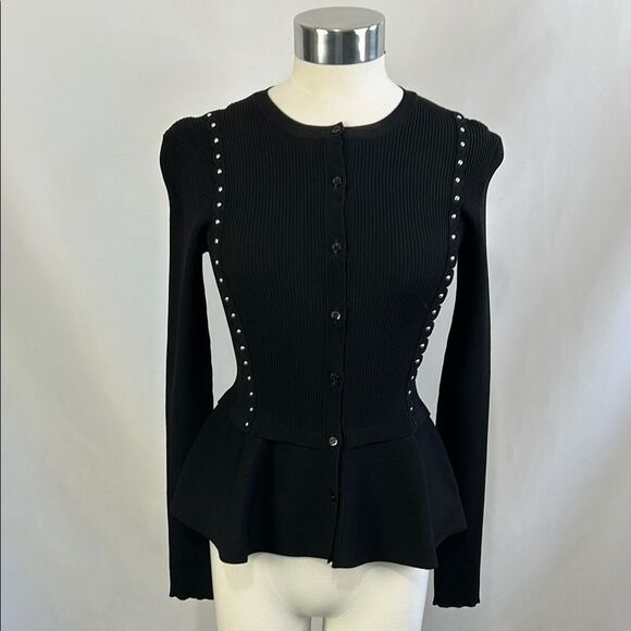 Red Valentino Black Ribbed With Studs/Peplum Cardigan - Picture 1 of 8